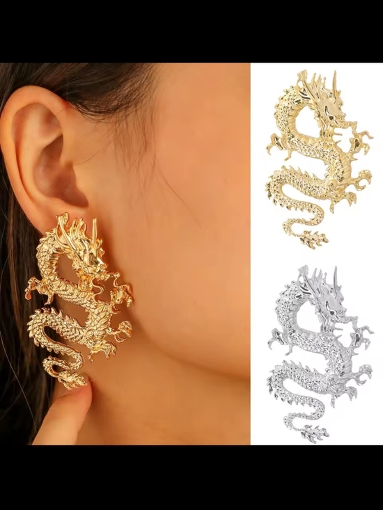 Jewelry - Gold Dragon Dangle Earrings for Women - Bold Sculpted Statement